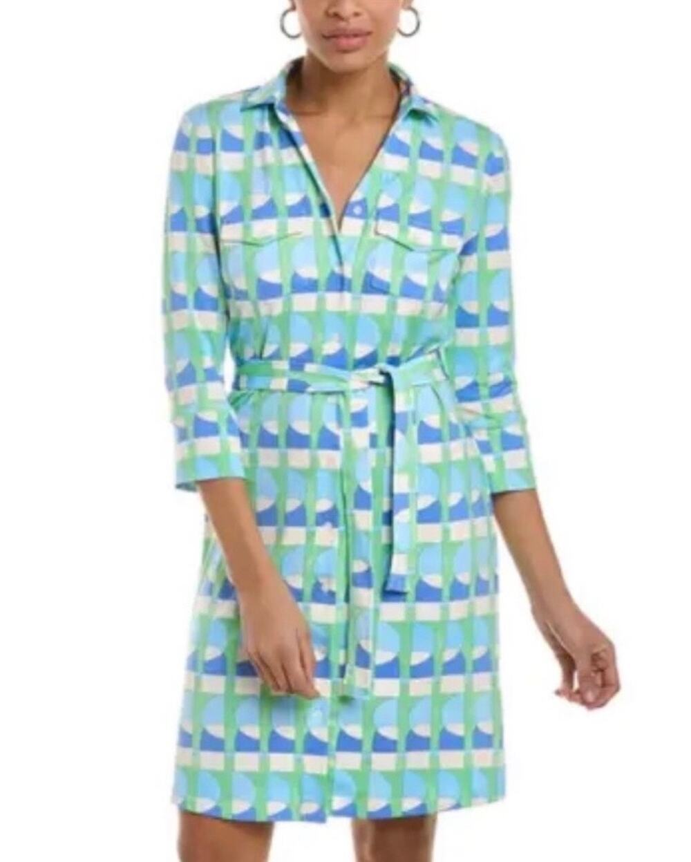 J. McLaughlin Brynn Shirt Dress Small Blue Green Geometric Catalina Cloth Belted